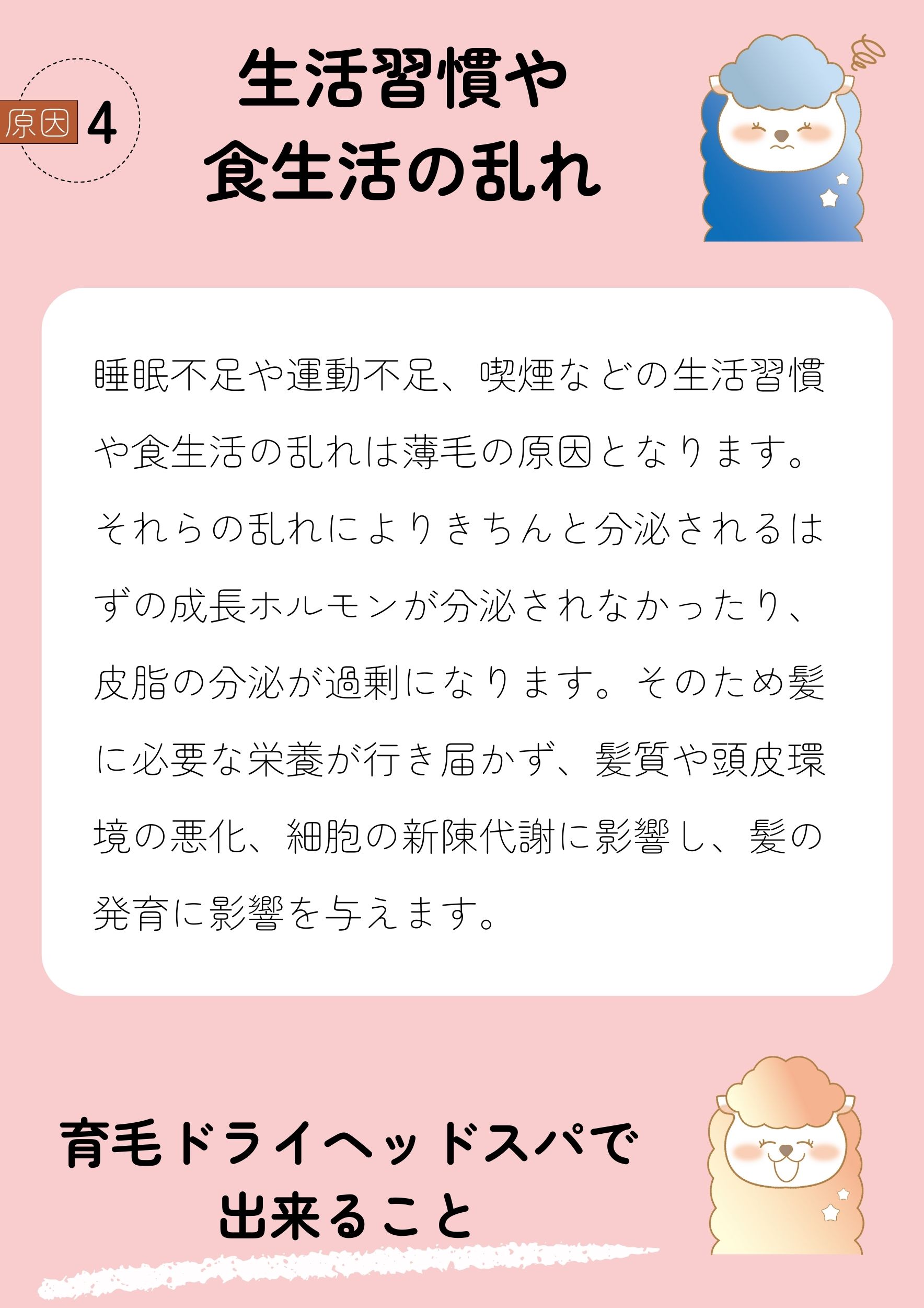 原因4生活習慣や食生活の乱れ睡眠不足や運動不足、喫煙などの生活習慣や食生活の乱れは薄毛の原因となります。
それらの乱れによりきちんと分泌されるはずの成長ホルモンが分泌されなかったり、皮脂の分泌が過剰になります。そのため髪に必要な栄養が行き届かず、髪質や頭皮環境の悪化、細胞の新陳代謝に影響し、髪の発育に影響を与えます。
育毛ドライヘッドスパで出来ること
