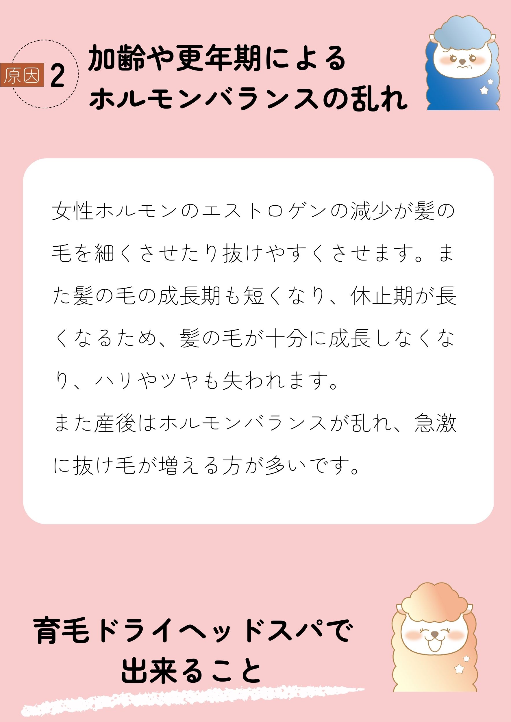 原因2加齢や更年期によるホルモンバランスの乱れ
女性ホルモンのエストロゲンの減少が髪の毛を細くさせたり抜けやすくさせます。また髪の毛の成長期も短くなり、休止期が長くなるため、髪の毛が十分に成長しなくなり、ハリやツヤも失われます。
また産後はホルモンバランスが乱れ、急激に抜け毛が増える方が多いです。
育毛ドライヘッドスパで出来ること